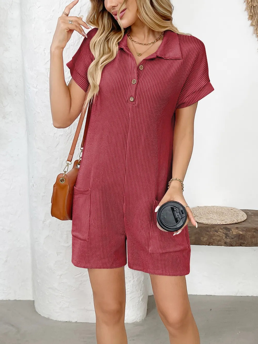Button Detail Collared Neck Short Sleeve Romper - Modanista Fashion