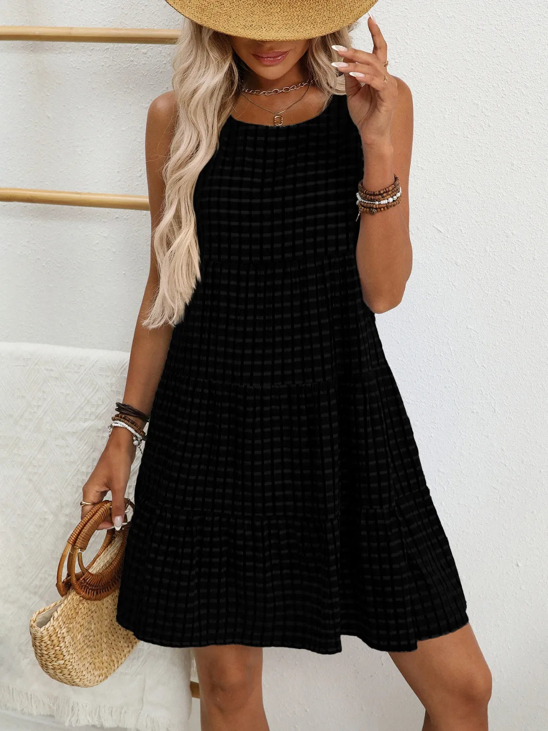 Plaid Round Neck Sleeveless Mini Dress - Modanista Fashion