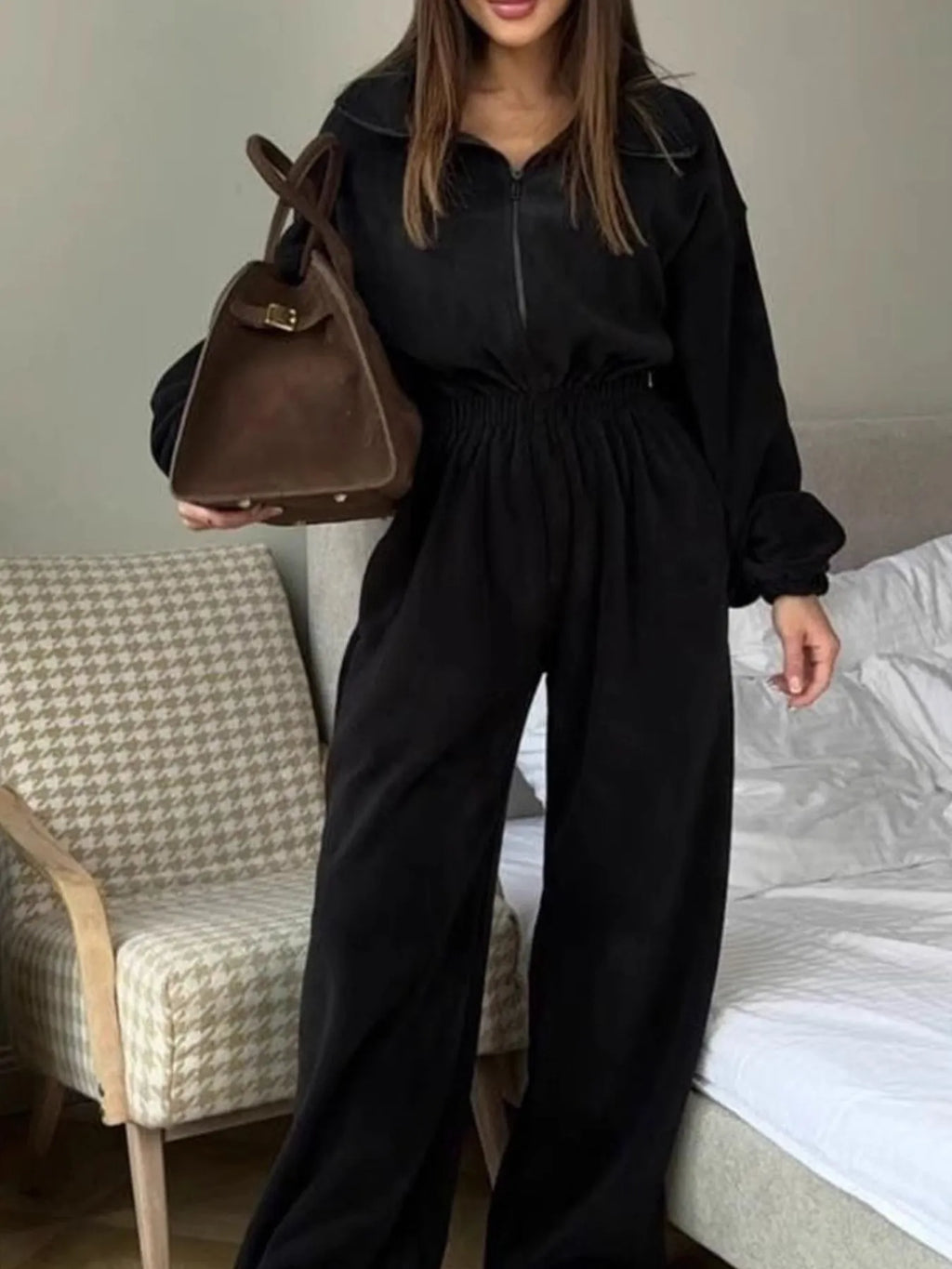 Zip Front Long Sleeve Jumpsuit - Modanista Fashion