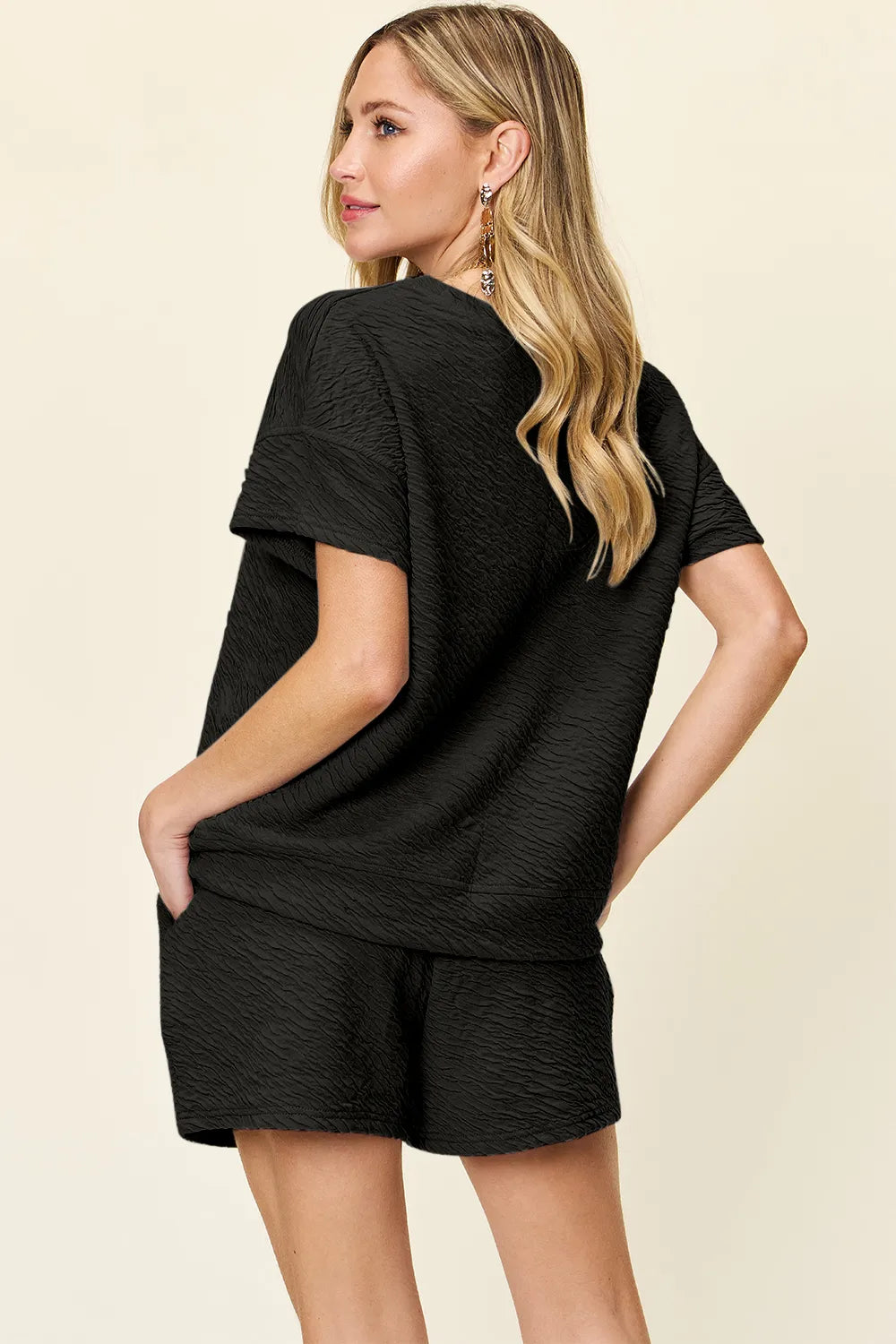 Double Take Full Size Texture Short Sleeve T-Shirt and Drawstring Shorts Set - Modanista Fashion
