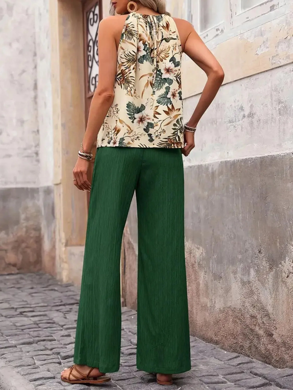Printed Tank Top and Wide Leg Pants Set - Modanista Fashion