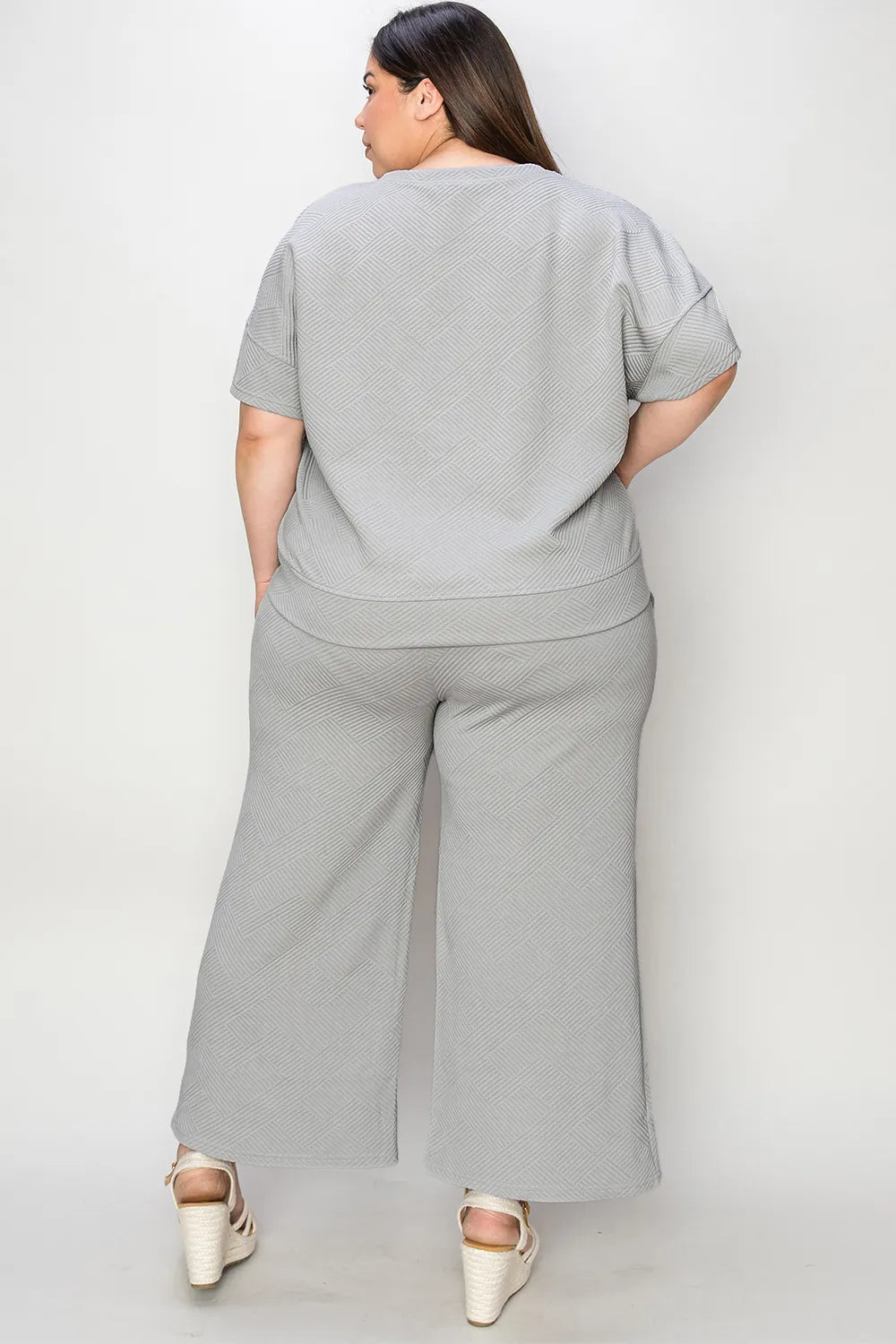 Double Take Full Size Texture Short Sleeve Top and Pants Set - Modanista Fashion