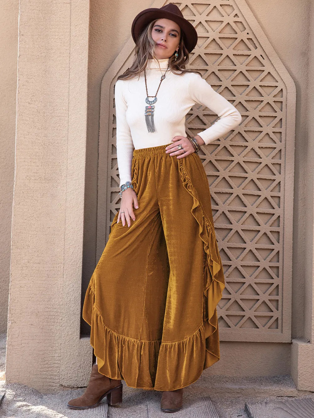Slit Ruffled Wide Leg Pants - Modanista Fashion