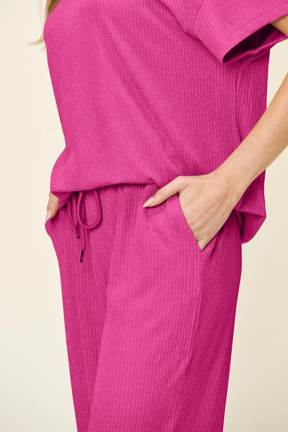 Double Take Full Size Texture Round Neck Short Sleeve T-Shirt and Wide Leg Pants - Modanista Fashion
