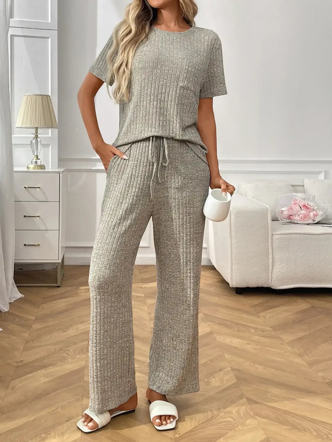 Ribbed Knit Short Sleeve Top and Pants Lounge Set - Modanista Fashion