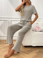 Ribbed Knit Short Sleeve Top and Pants Lounge Set - Modanista Fashion