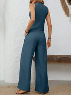 V-Neck Button Down Vest and Wide Leg Pants Set - Modanista Fashion