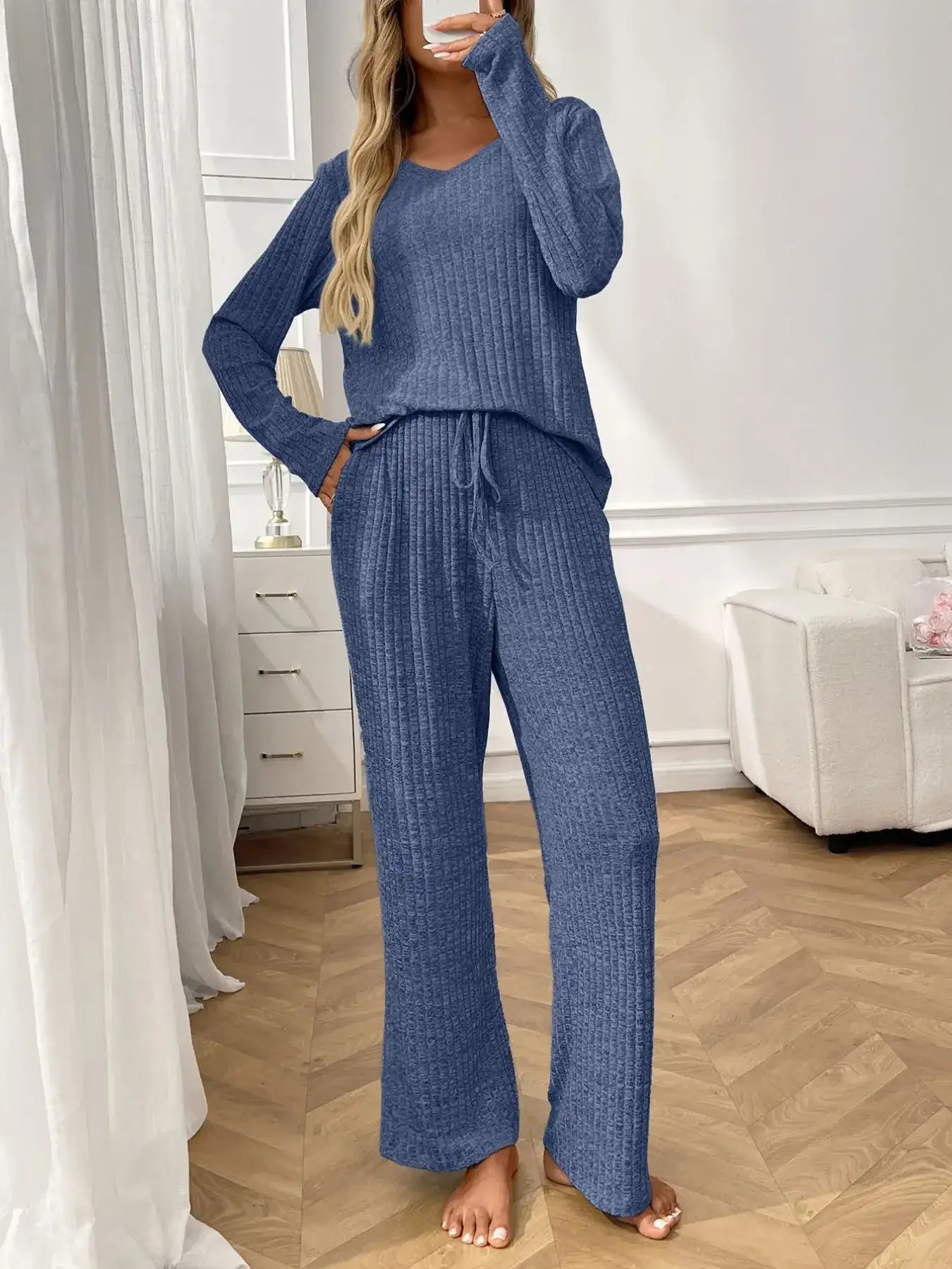 Ribbed Long Sleeve Top and Pants Lounge Set - Modanista Fashion
