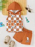 Children's Dinosaur Checkered Sleeveless Hooded Top and Shorts Set - Modanista Fashion