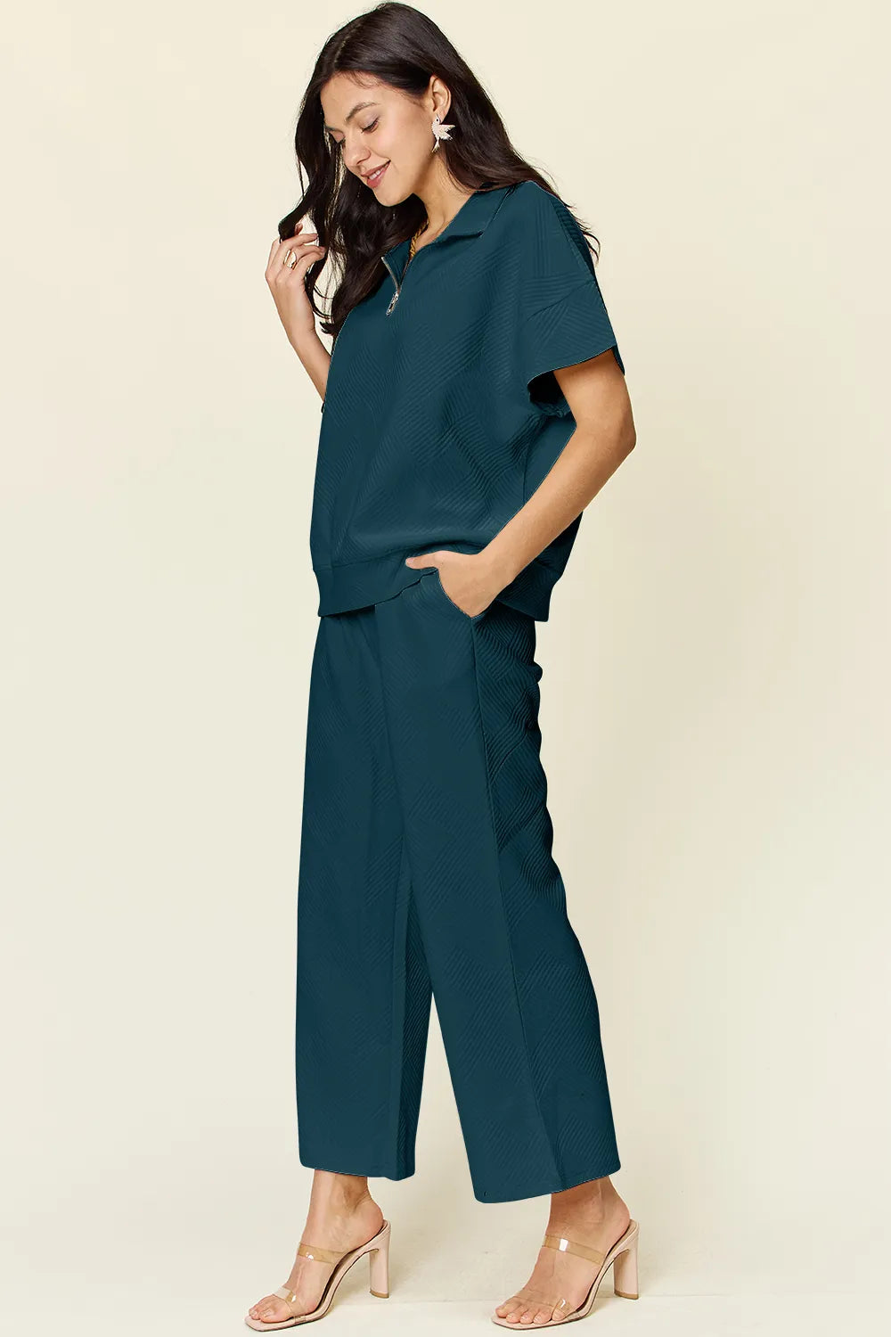 Double Take Full Size Texture Half Zip Short Sleeve Top and Pants Set - Modanista Fashion