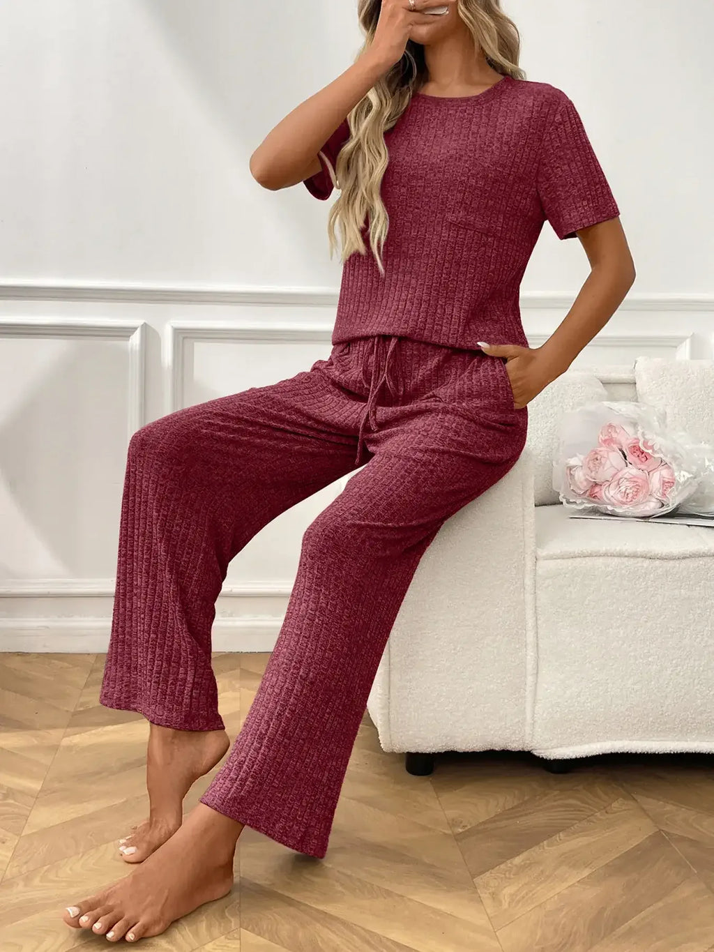 Ribbed Knit Short Sleeve Top and Pants Lounge Set - Modanista Fashion