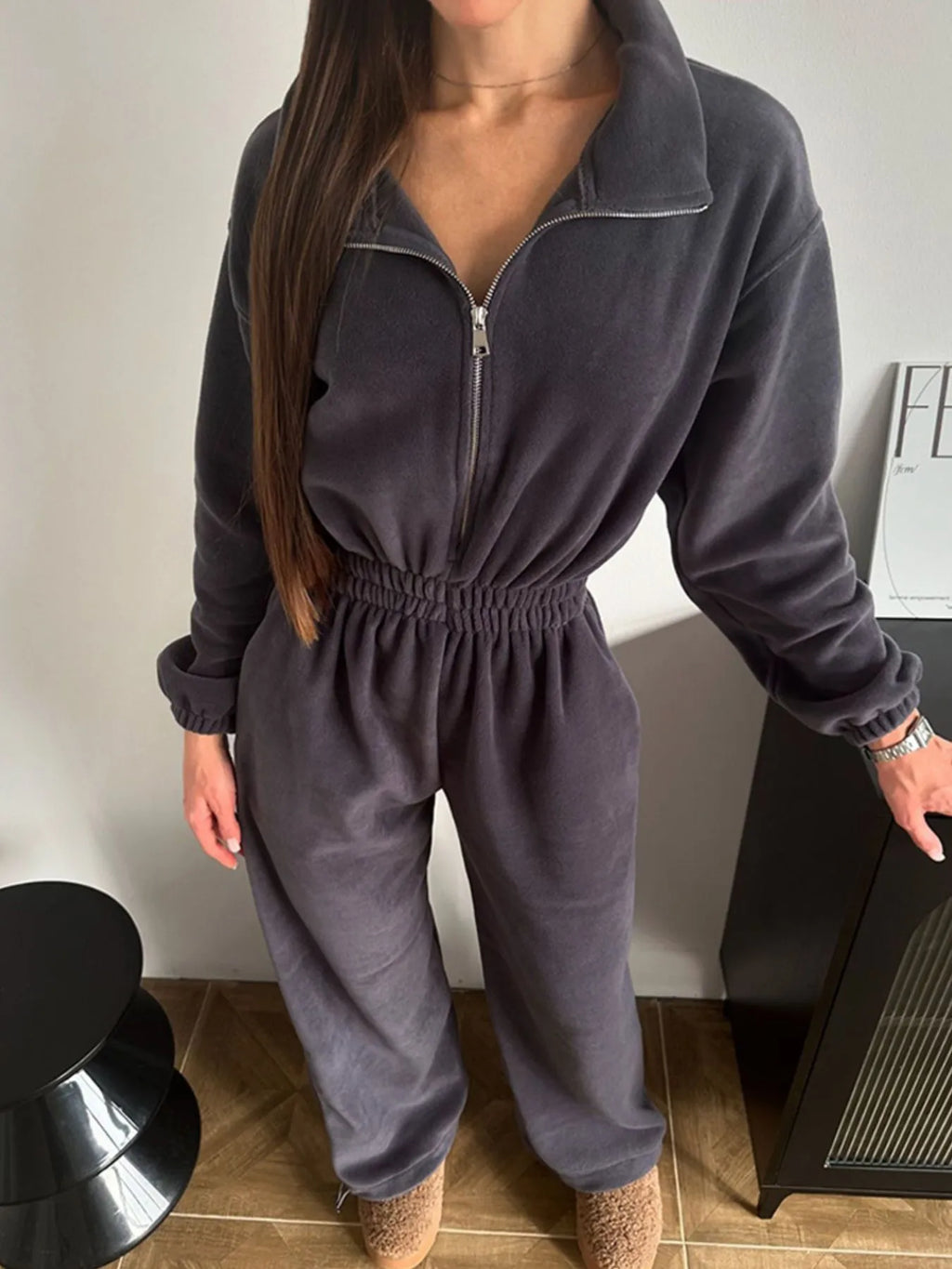 Zip Front Long Sleeve Jumpsuit - Modanista Fashion