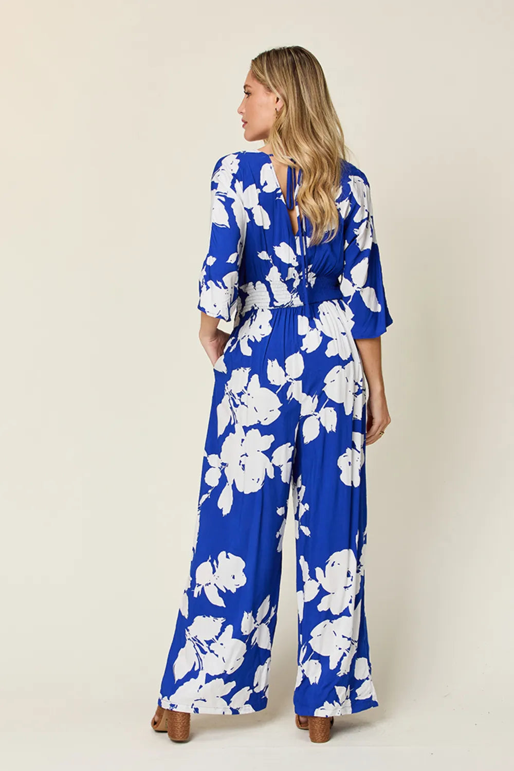 Double Take Full Size Printed Tie Back Wide Leg Jumpsuit - Modanista Fashion