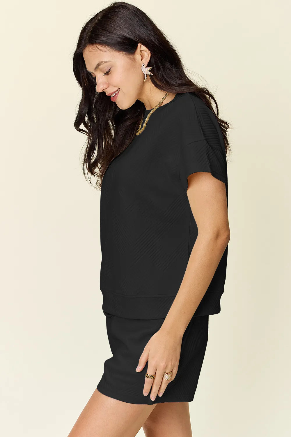 Double Take Full Size Texture Short Sleeve T-Shirt and Drawstring Shorts Set - Modanista Fashion