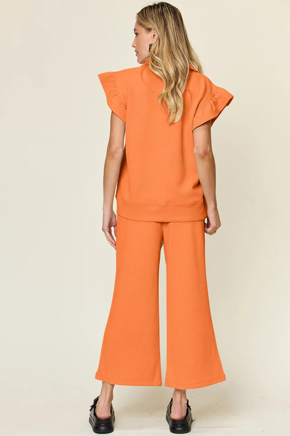 Double Take Texture Ruffle Short Sleeve Top and Drawstring Wide Leg Pants Set - Modanista Fashion