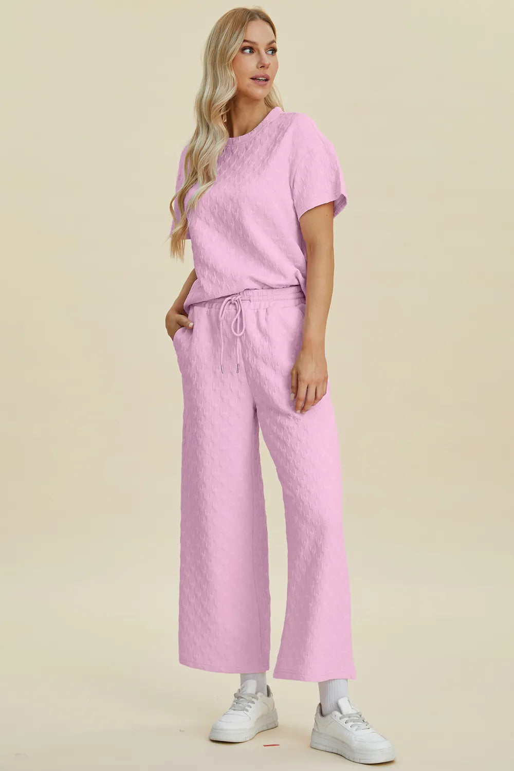 Double Take Full Size Texture Round Neck Short Sleeve Top and Pants Set - Modanista Fashion