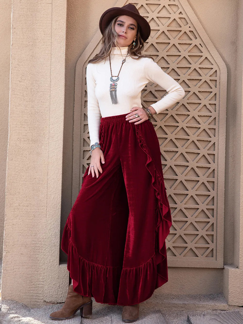 Slit Ruffled Wide Leg Pants - Modanista Fashion