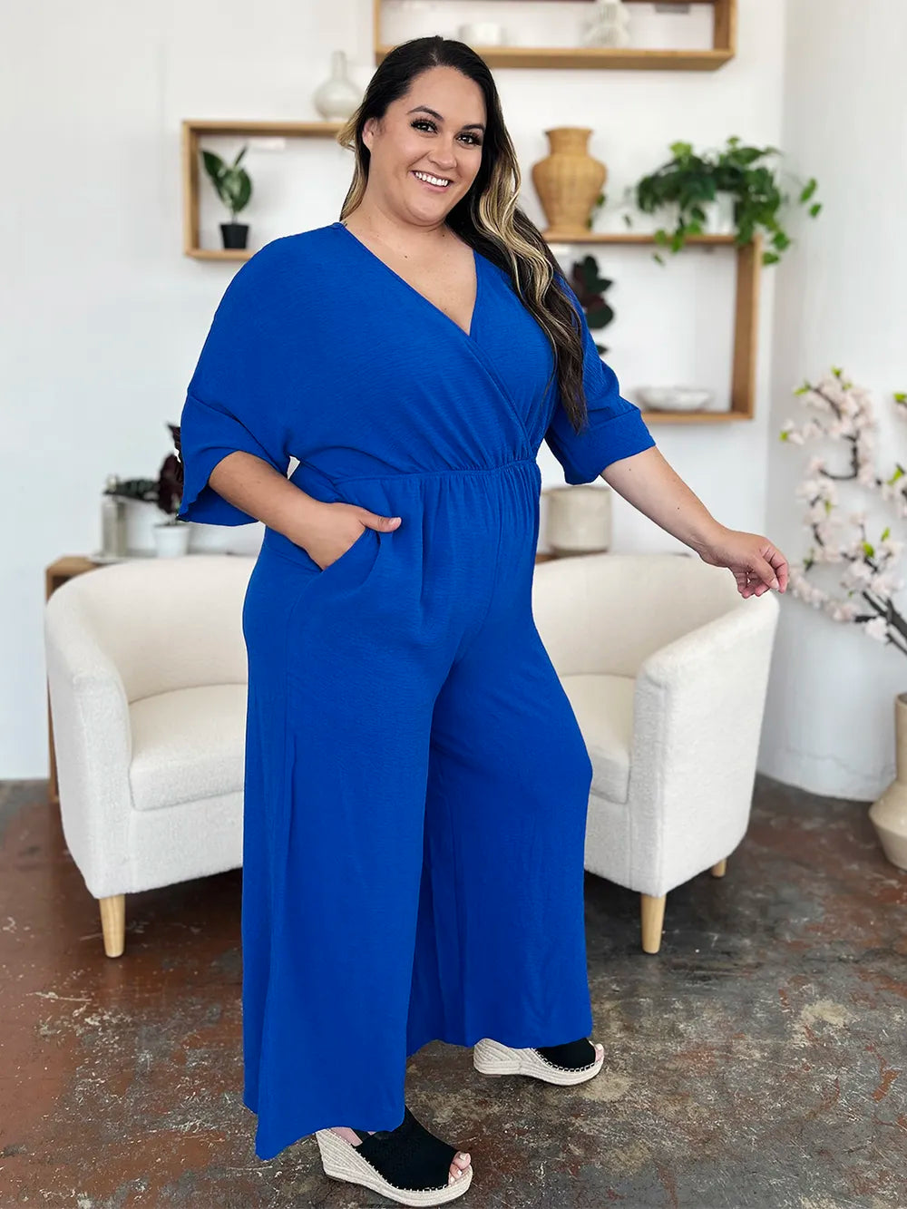 Double Take Full Size Surplice Wide Leg Jumpsuit with Pockets - Modanista Fashion