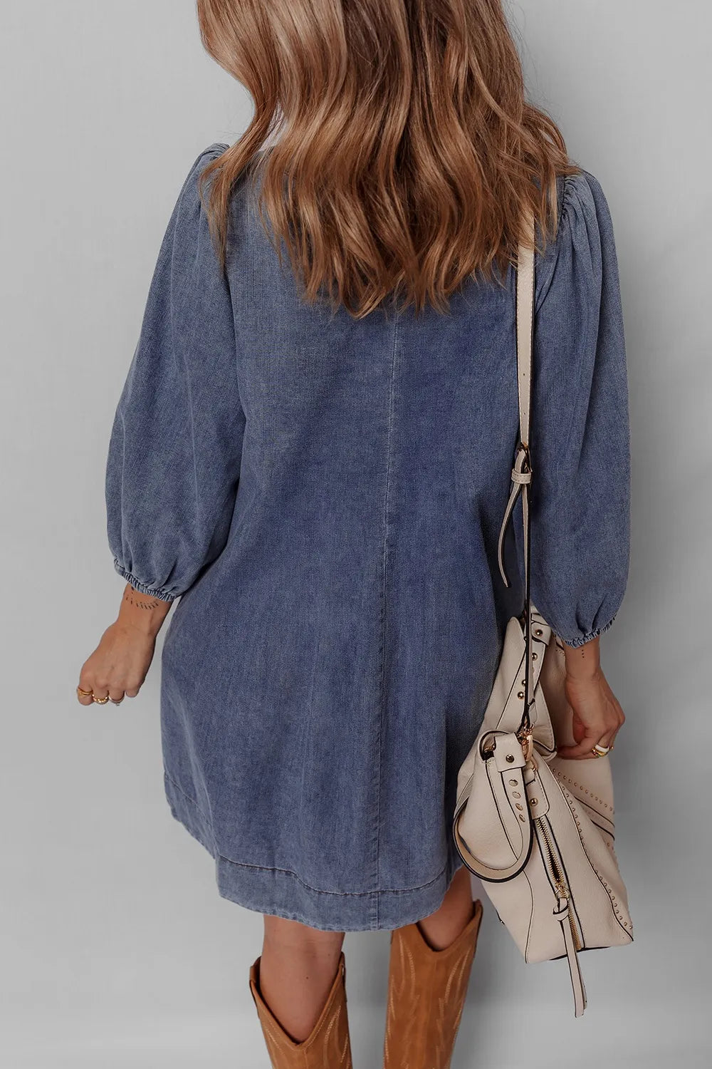 Tie Neck Long Sleeve Mini Denim Dress - Modanista Fashion
