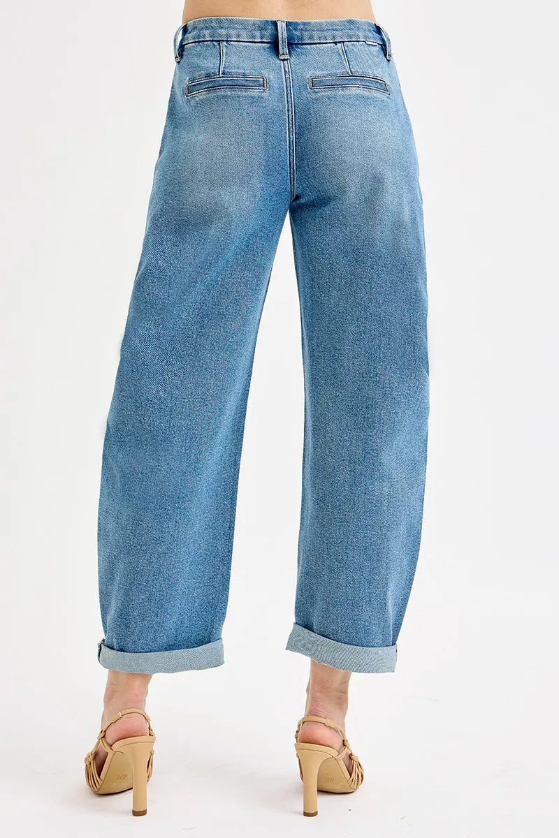 RISEN Full Size Mid Rise Fit Barrel Roll Up Jeans Plus Size - Modanista Fashion