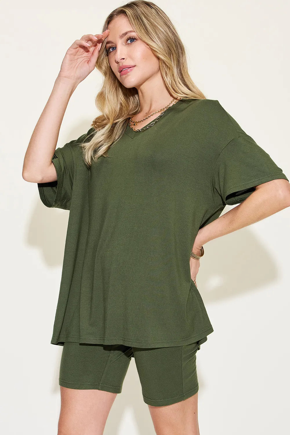 Basic Bae Full Size V-Neck Drop Shoulder T-Shirt and Shorts Set - Modanista Fashion