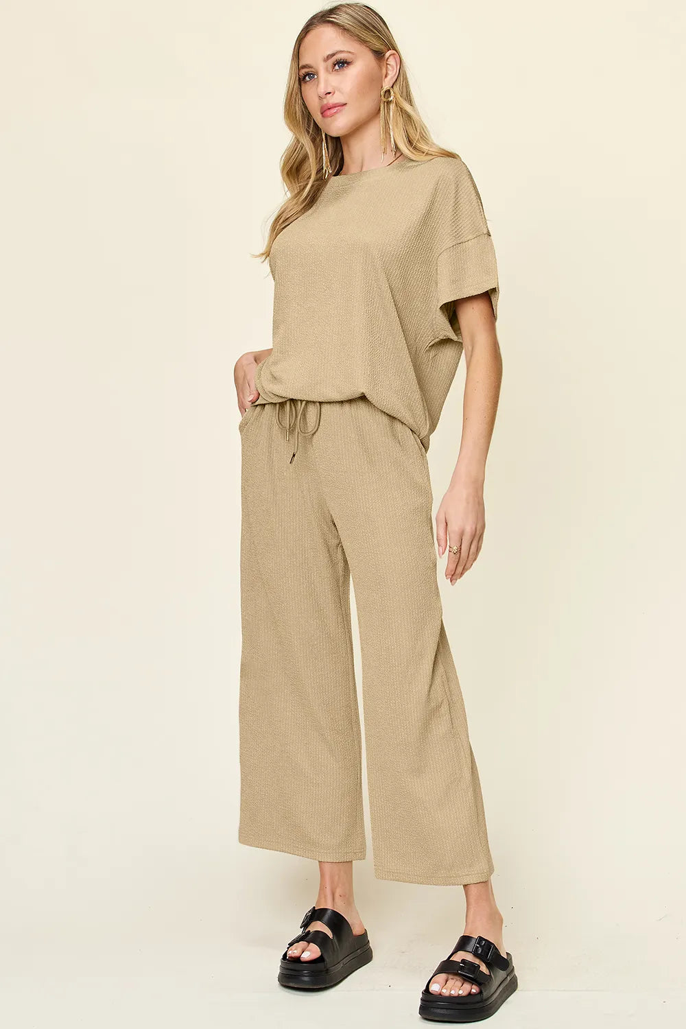 Double Take Full Size Texture Round Neck Short Sleeve T-Shirt and Wide Leg Pants - Modanista Fashion