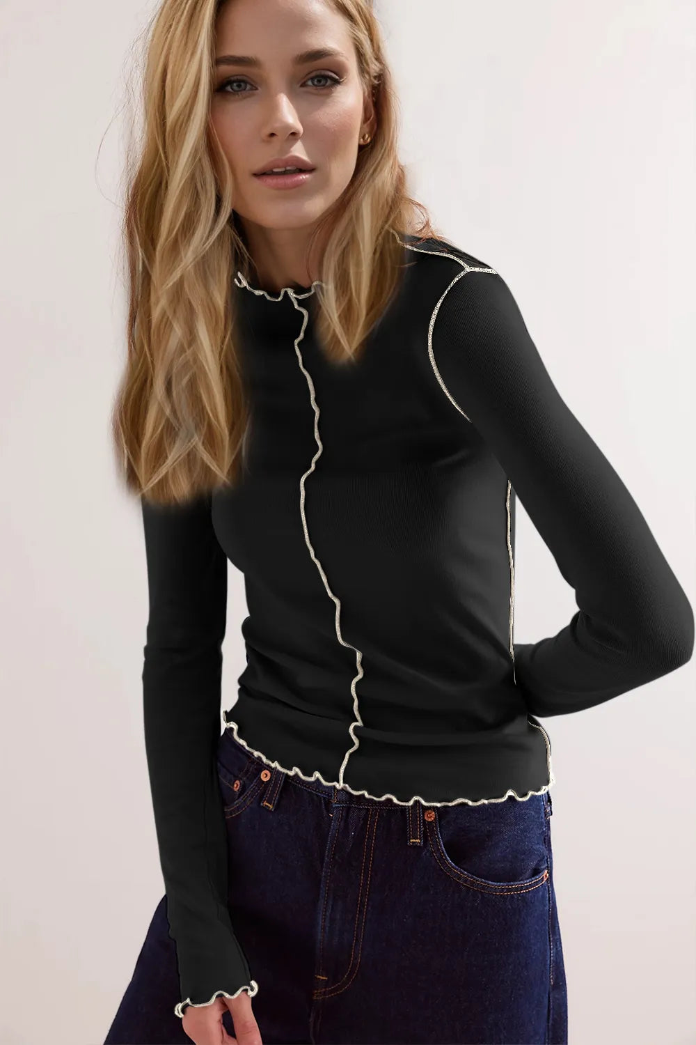 Basic Bae Contrast Trim Mock Neck Long Sleeve T-Shirt - Modanista Fashion