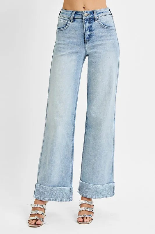RISEN Full Size Tummy Control High Rise Ankle Wide Cuffed Jeans Plus Size - Modanista Fashion