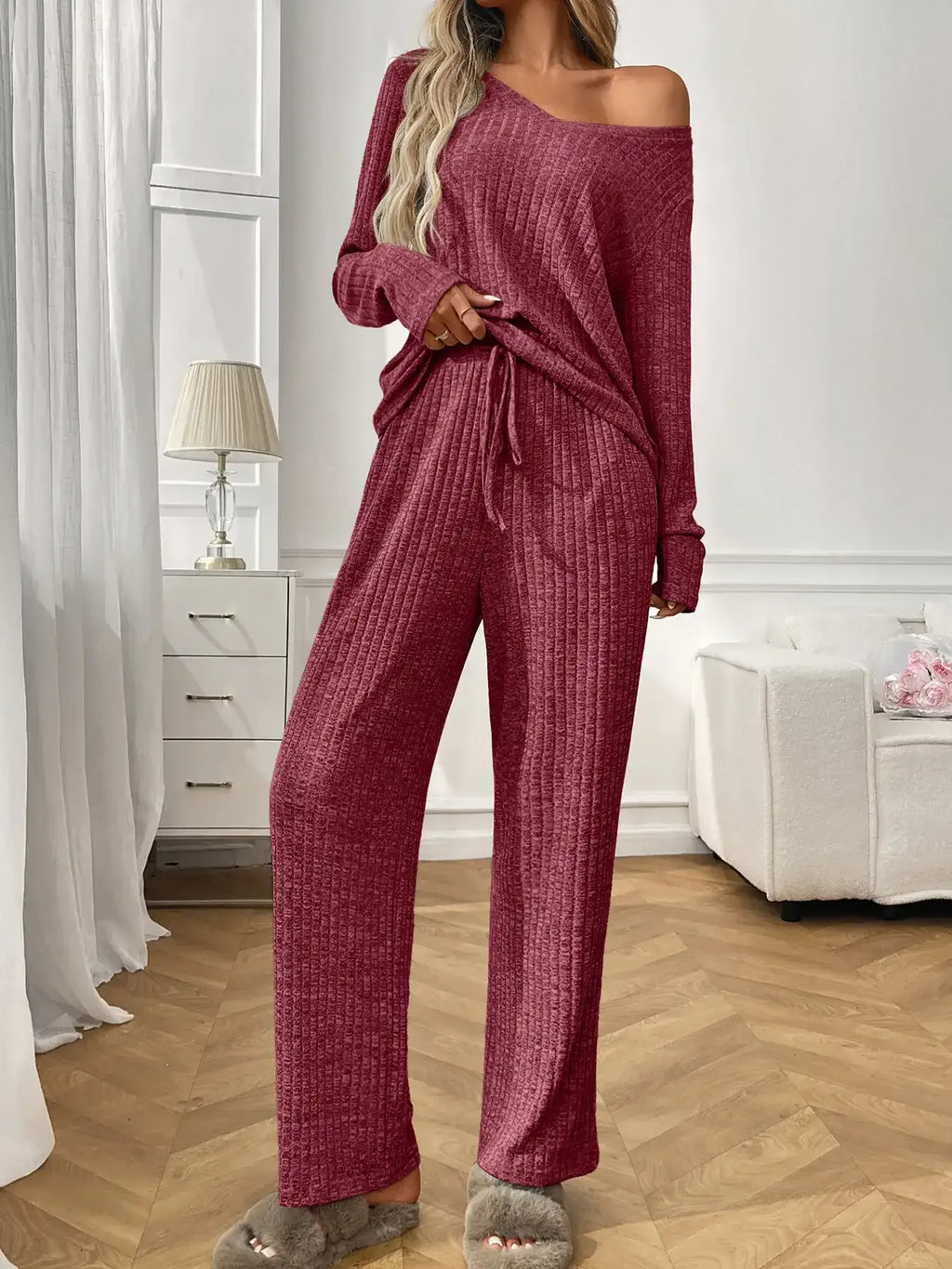 Ribbed Long Sleeve Top and Pants Lounge Set - Modanista Fashion
