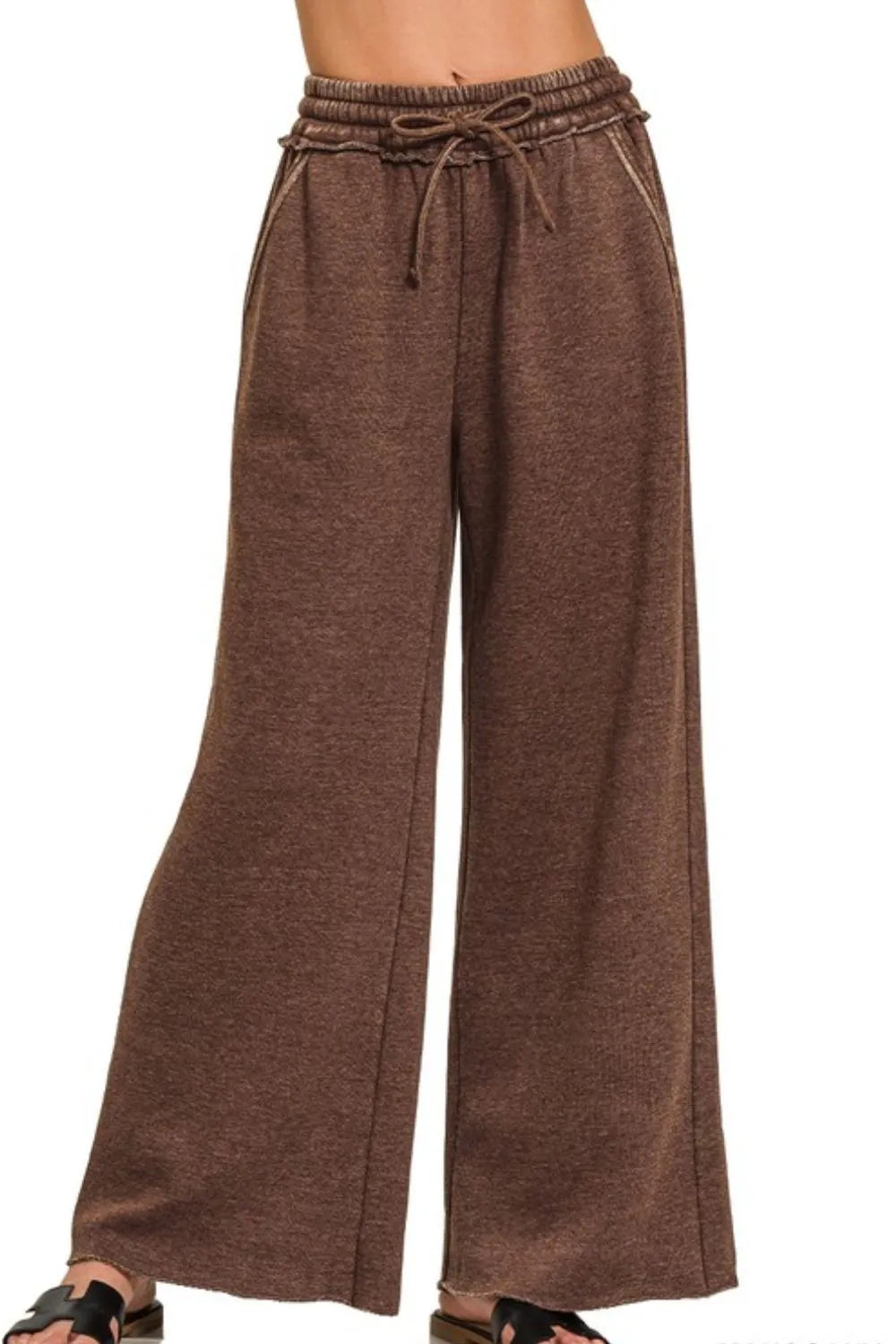 Zenana Acid Wash Fleece Palazzo Sweatpants with Pockets - Modanista Fashion