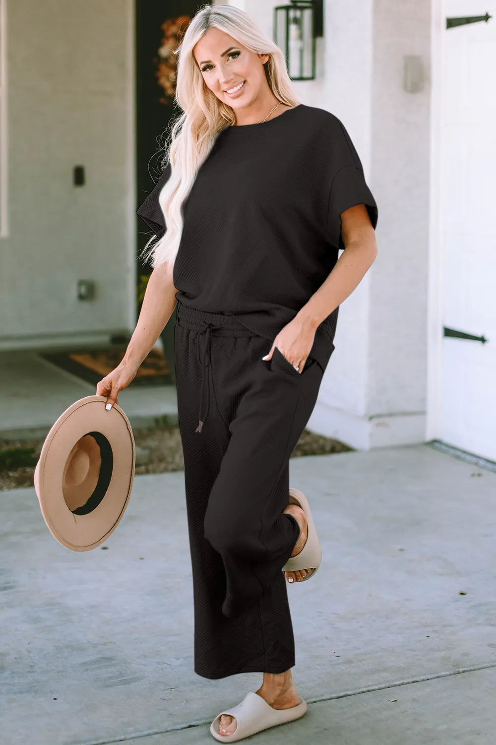 Double Take Full Size Texture Short Sleeve Top and Pants Set - Modanista Fashion