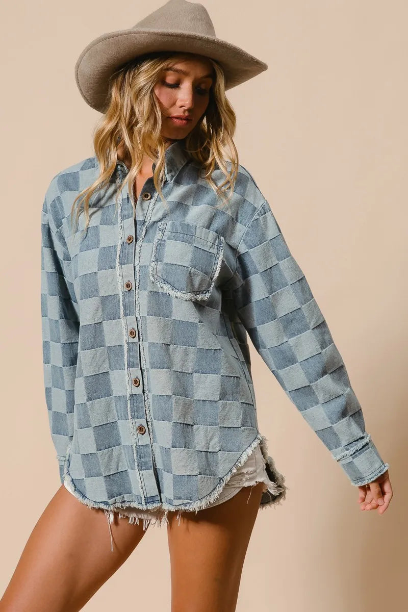 BiBi Frayed Edged Detail Washed Checker Denim Shirt - Modanista Fashion