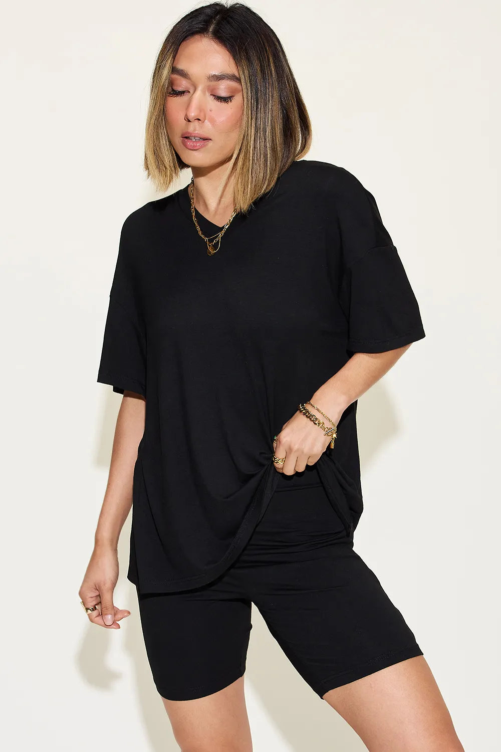 Basic Bae Full Size V-Neck Drop Shoulder T-Shirt and Shorts Set - Modanista Fashion