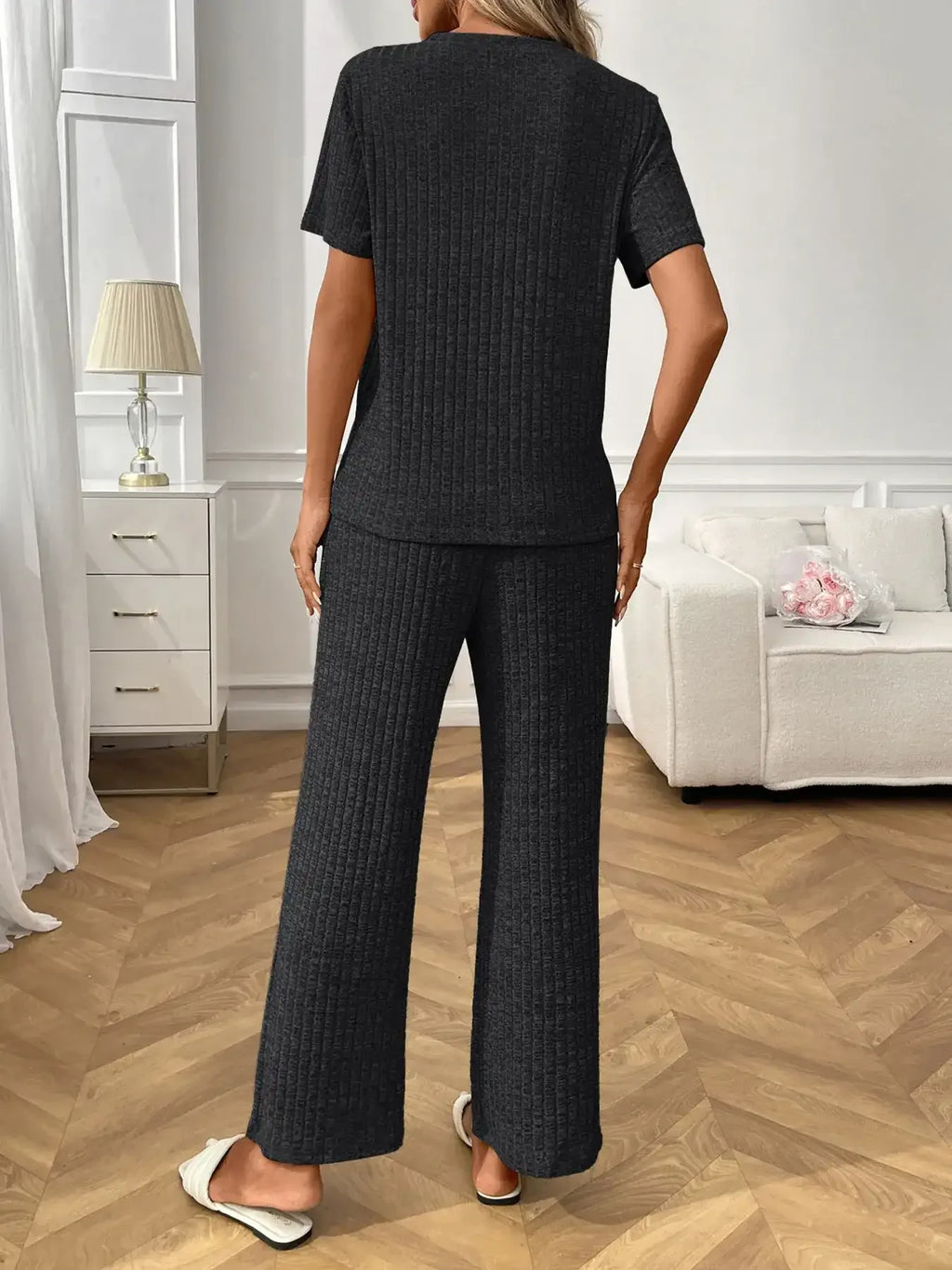 Ribbed Knit Short Sleeve Top and Pants Lounge Set - Modanista Fashion