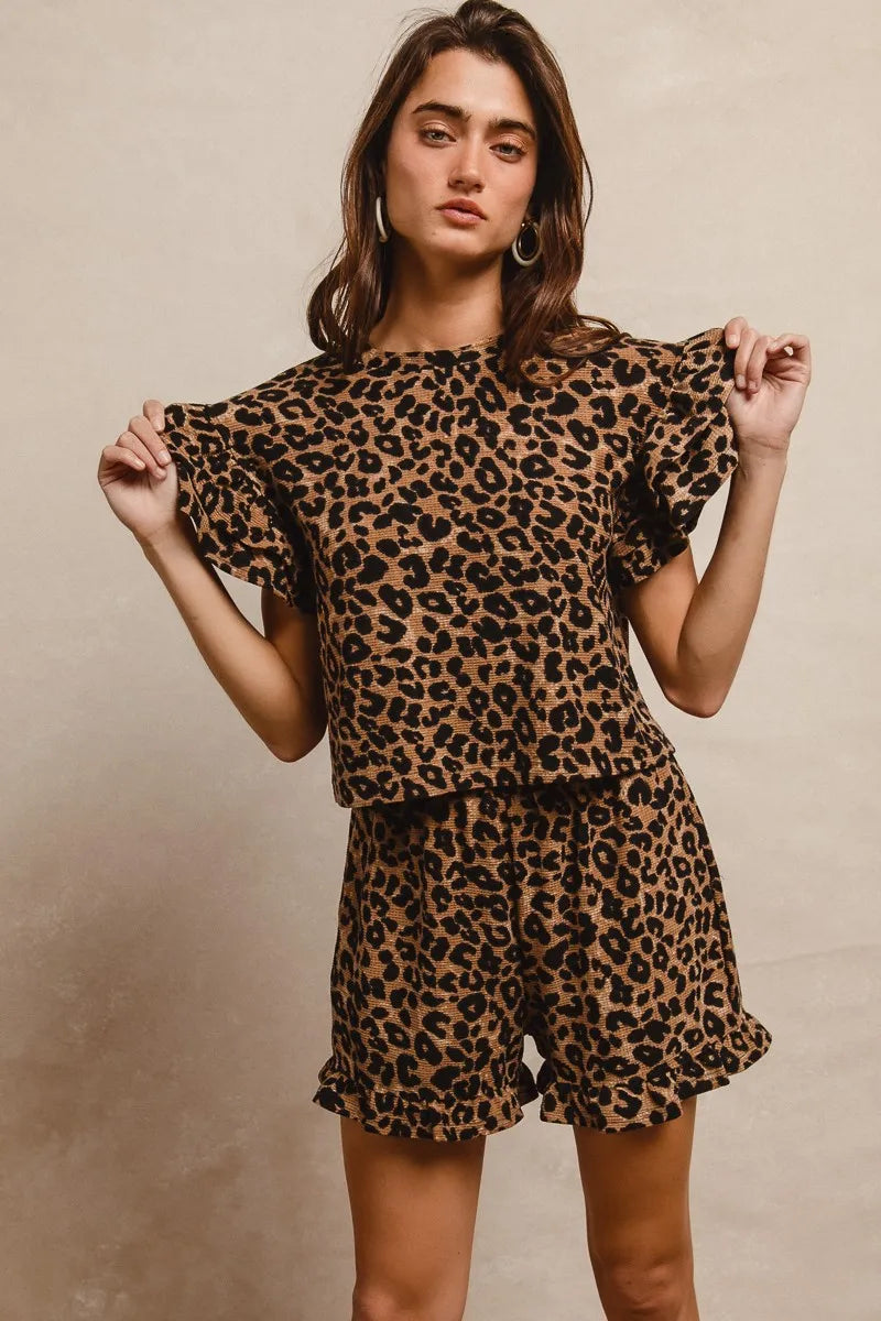 BiBi Leopard Print Waffle Texture Layered Ruffle Sleeve Top and Shorts Set - Modanista Fashion