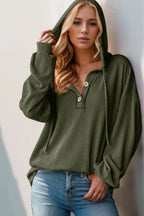 Double Take Full Size Half Button Long Sleeve Hoodie - Modanista Fashion