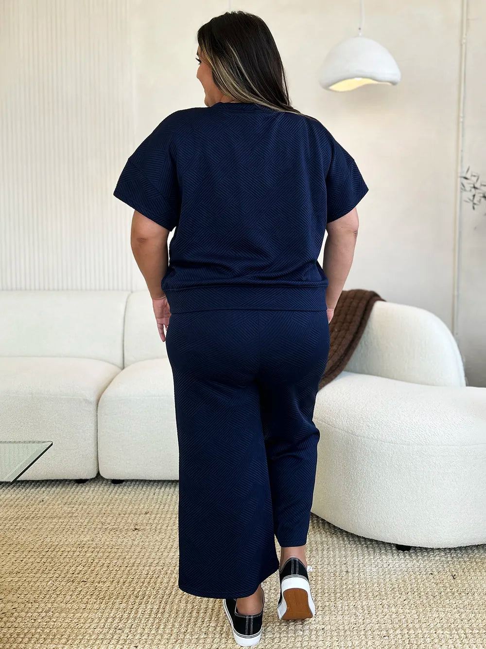 Double Take Full Size Texture Short Sleeve Top and Pants Set - Modanista Fashion