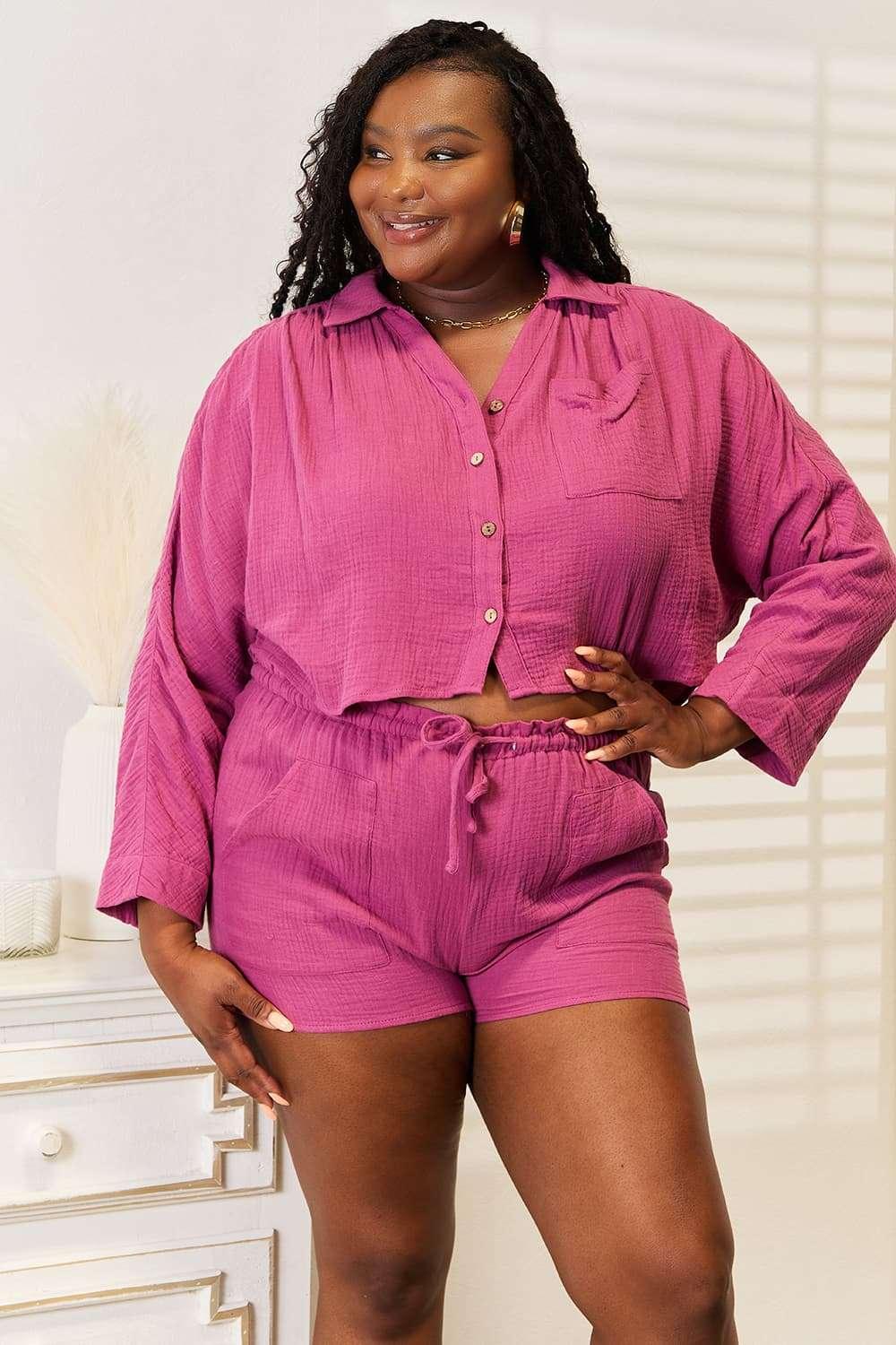 Basic Bae Buttoned Long Sleeve Top and Shorts Set - Modanista Fashion