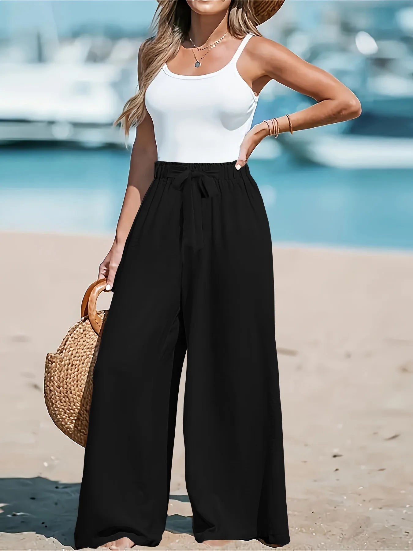 Full Size Drawstring Waist Wide Leg Pants Plus Size - Modanista Fashion