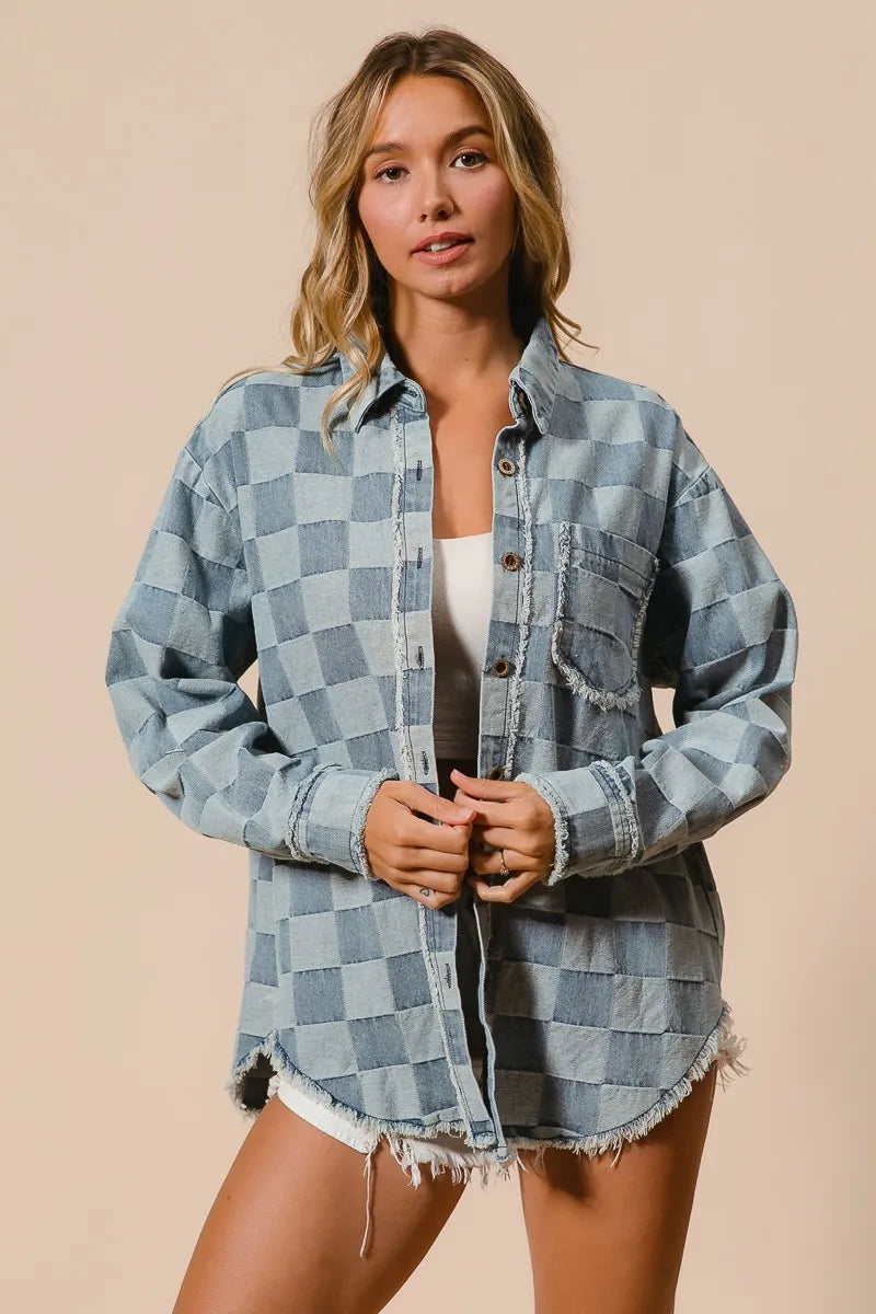 BiBi Frayed Edged Detail Washed Checker Denim Shirt - Modanista Fashion