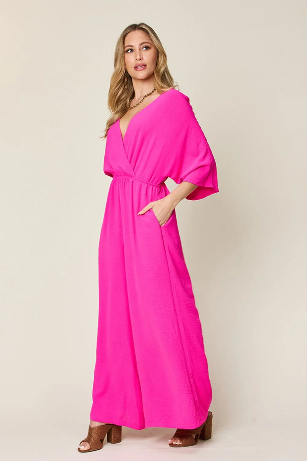 Double Take Full Size Surplice Wide Leg Jumpsuit with Pockets - Modanista Fashion