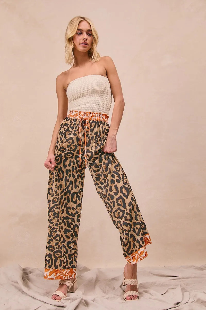 BiBi Leopard Print With Contrast Banded Wide Pants - Modanista Fashion