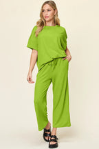 Double Take Full Size Texture Round Neck Short Sleeve T-Shirt and Wide Leg Pants - Modanista Fashion