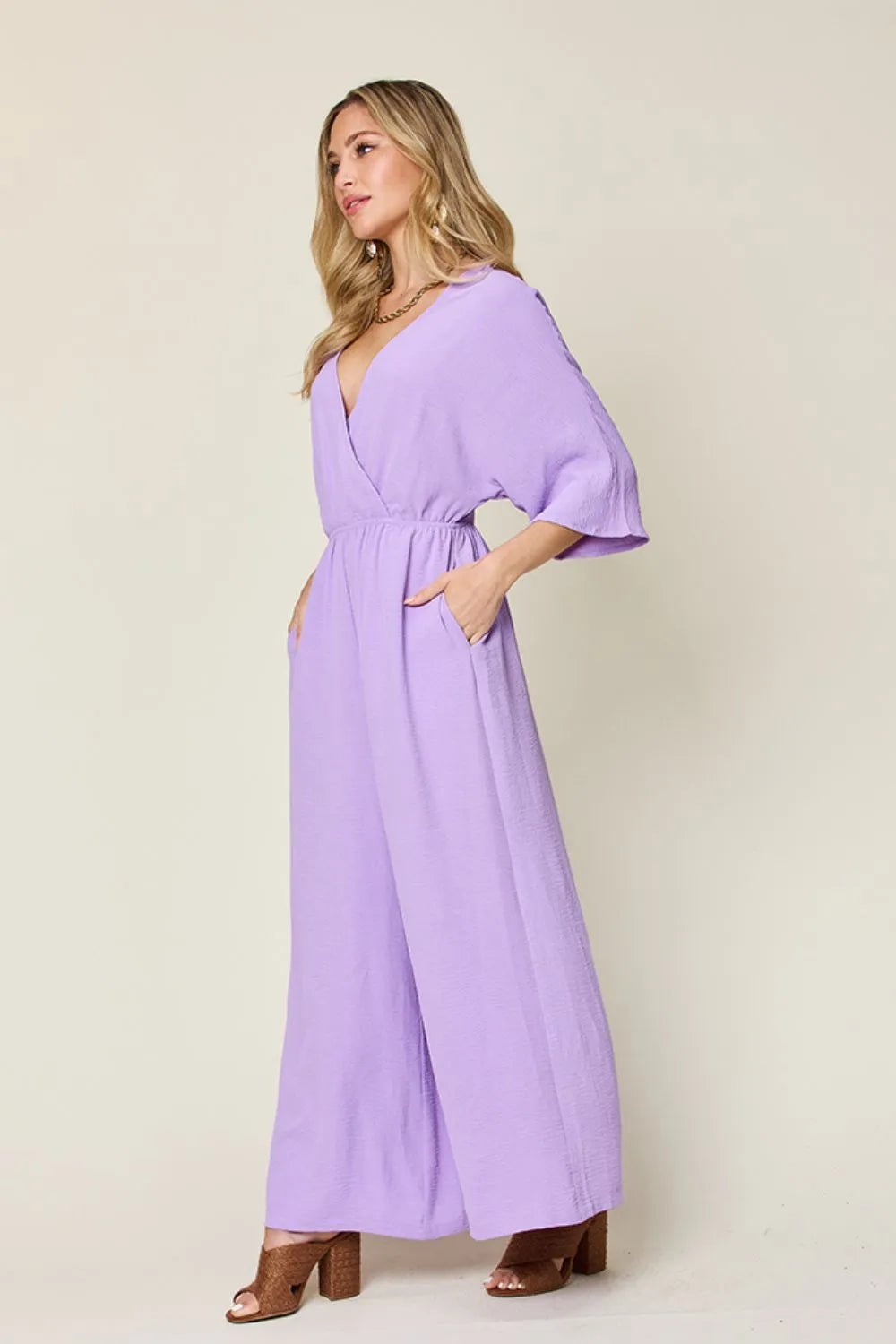 Double Take Full Size Surplice Wide Leg Jumpsuit with Pockets - Modanista Fashion