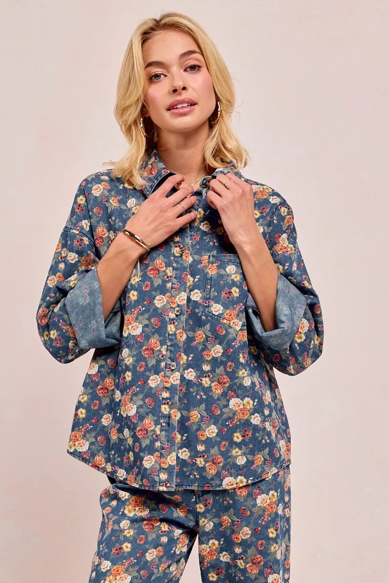 BiBi Washed Floral Print Denim Jacket - Modanista Fashion