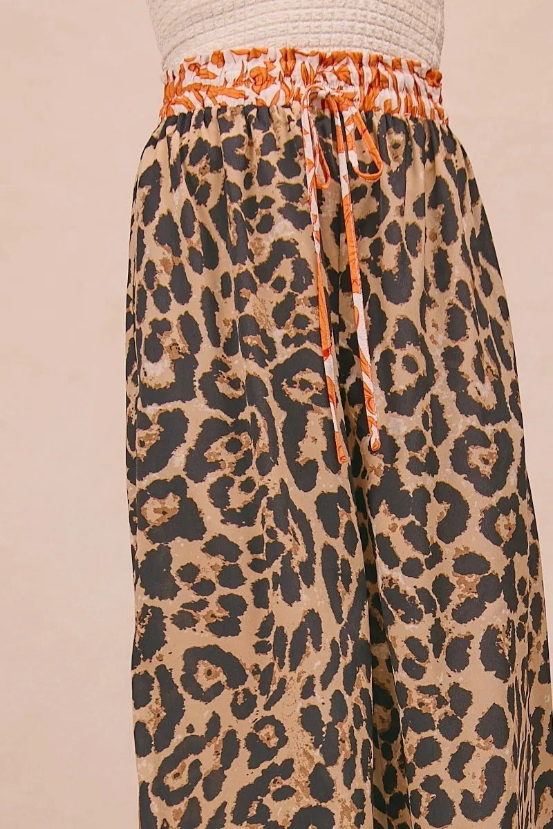 BiBi Leopard Print With Contrast Banded Wide Pants - Modanista Fashion
