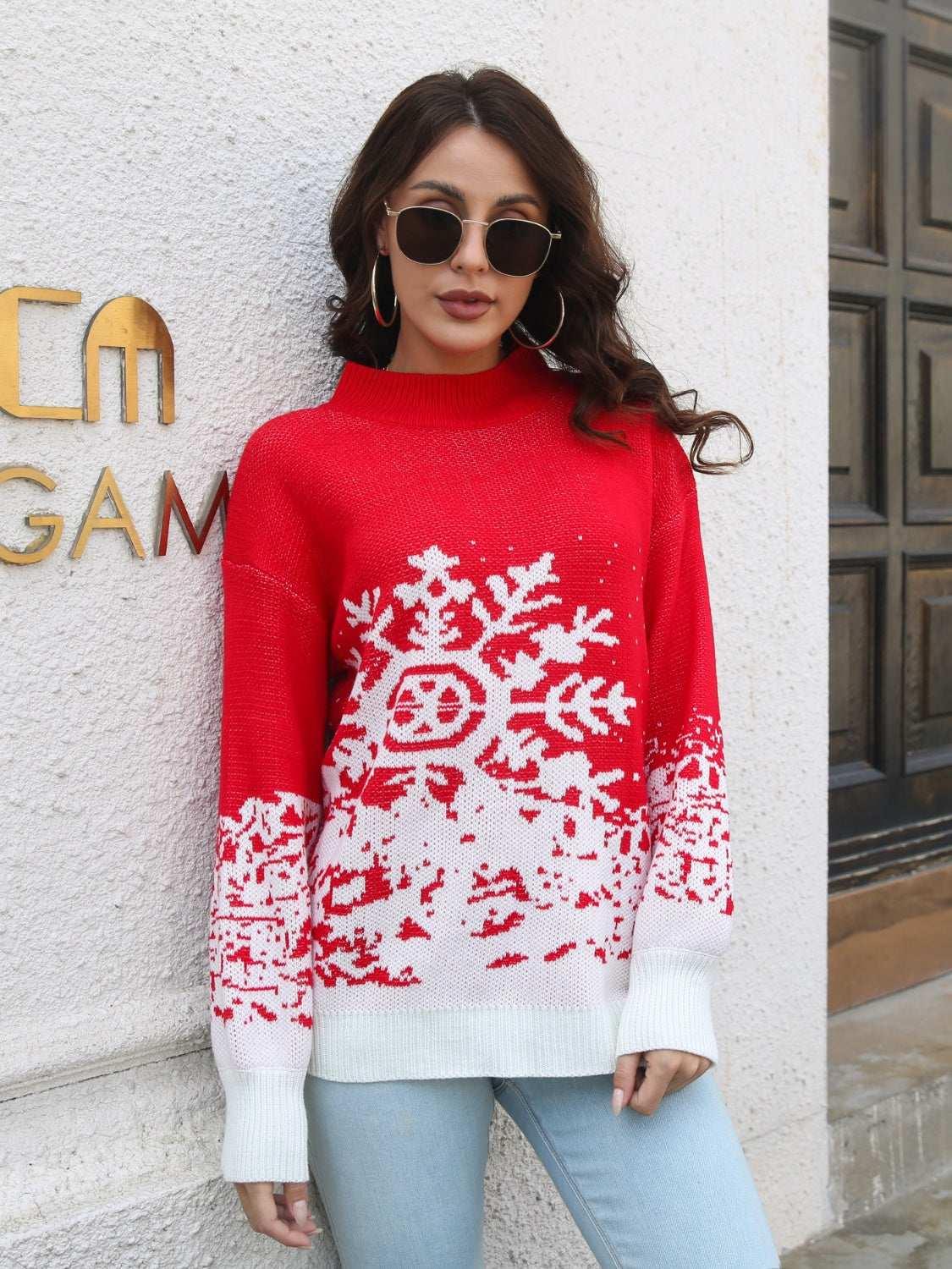 Snowflake Pattern Mock Neck Sweater - Modanista Fashion