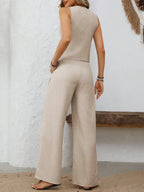 V-Neck Button Down Vest and Wide Leg Pants Set - Modanista Fashion