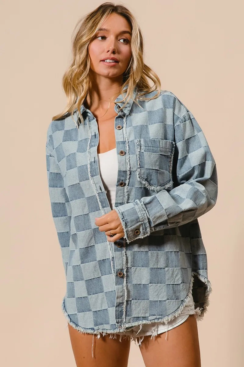 BiBi Frayed Edged Detail Washed Checker Denim Shirt - Modanista Fashion