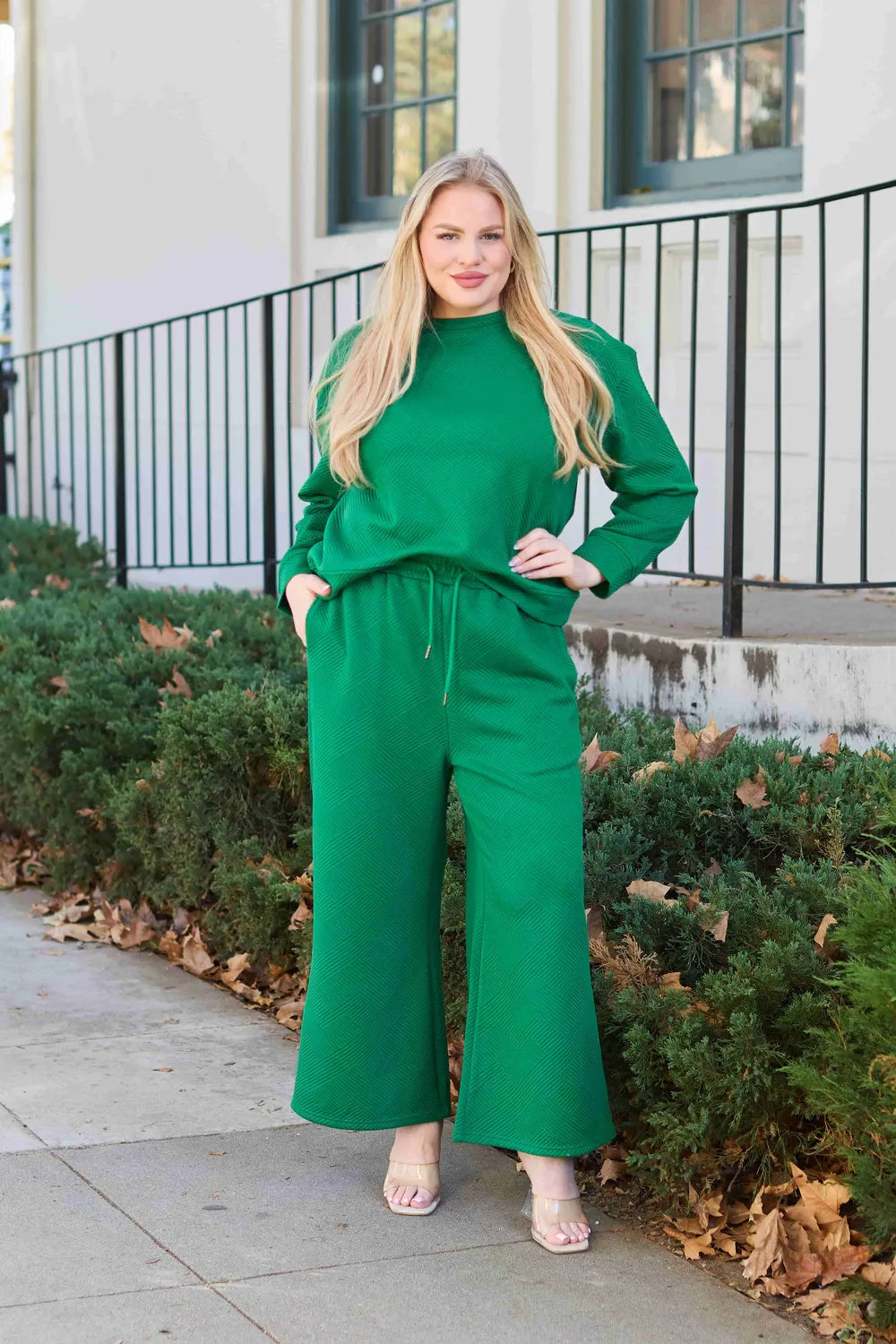 Double Take Full Size Textured Long Sleeve Top and Drawstring Pants Set - Modanista Fashion